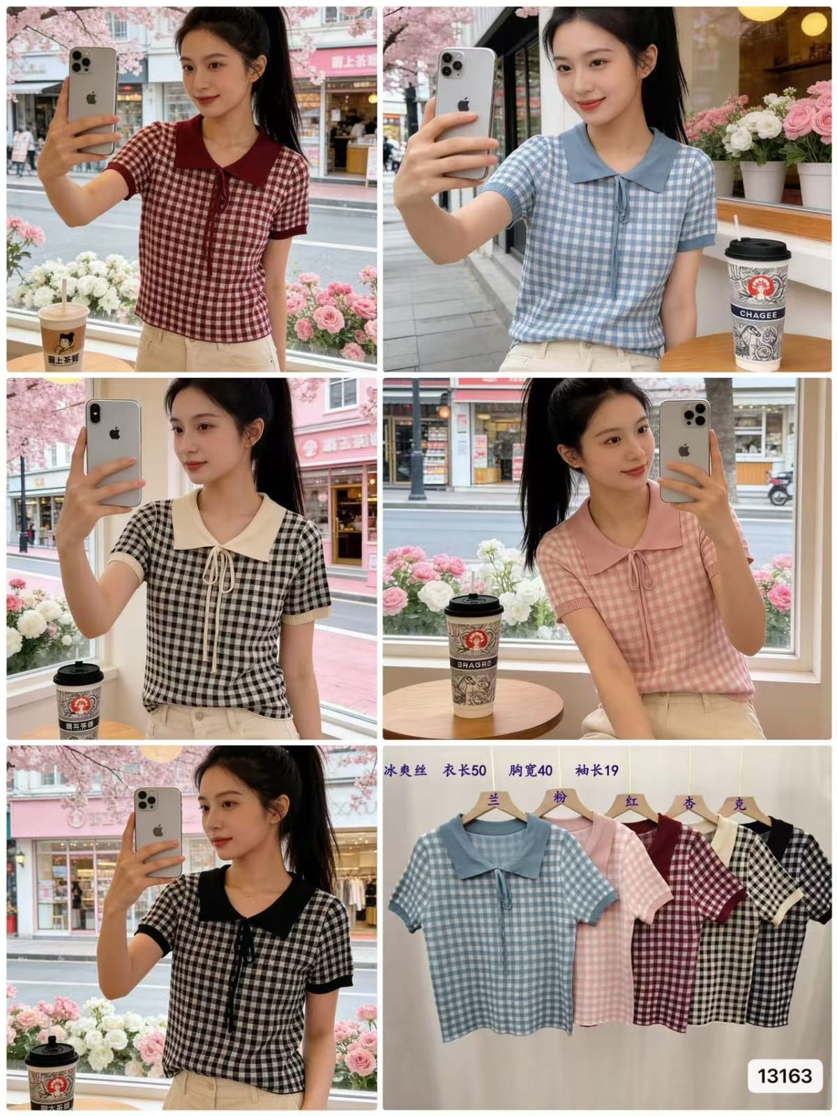 Women's gingham check knitted polo crop top with tie-up collar shown in maroon red, dusty blue, cream with black check, blush pink and black with white check