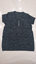 Dark Teal Textured Henley Knit Top | Woven Pattern Short Sleeve Button Tee for Women