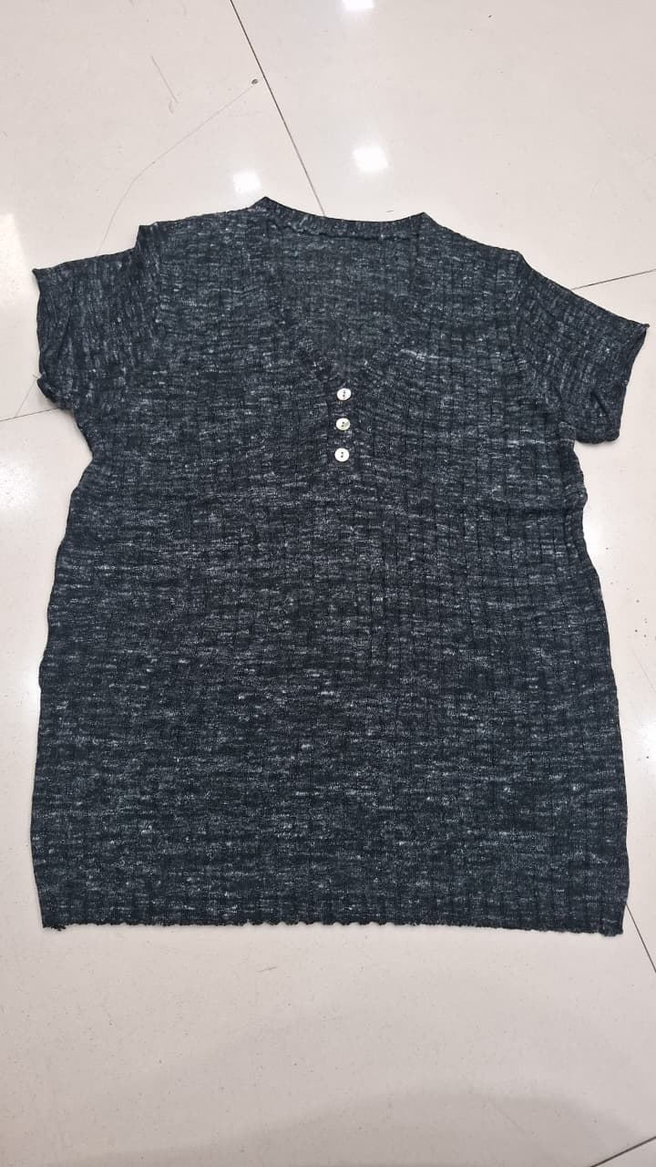 Dark Teal Textured Henley Knit Top | Woven Pattern Short Sleeve Button Tee for Women