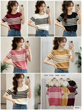 Women's bold striped round neck half sleeve knitted top shown in wine red, white, black, blush pink, mustard yellow and cream apricot