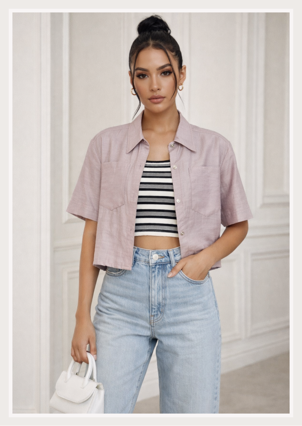 Solid Crop Shirt | Collar Neck Short Sleeve Button-Down Linen Top with Chest Pockets | Zero+1