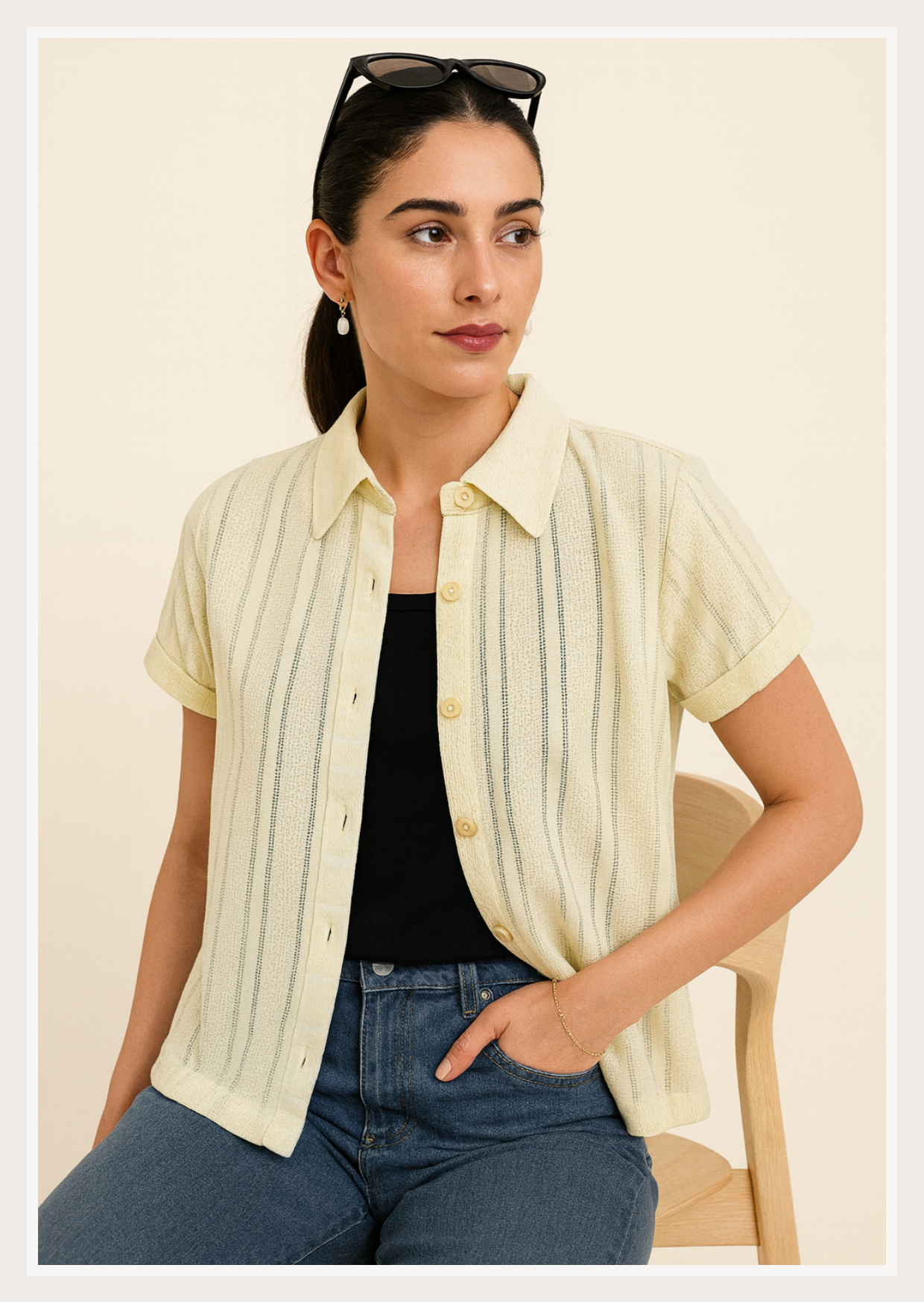 Textured Stripe Button-Down Shirt | Short Sleeve Collar Neck Women's Top | Smart Casual Everyday Wear | Zero+1