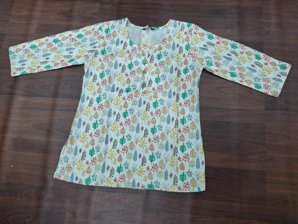 Autumn Foliage Multi-Color Multi-Leaf Print 3/4 Sleeve Round Neck Cotton Kurti Top | Miss Kapachi