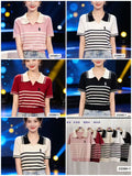 Striped Collared Knitted Polo Top for Women - Half Sleeve Slim Fit Summer Knit Tee
