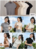 Women's fitted mock-neck cap sleeve knit top in grey, camel brown, almond beige, white and black