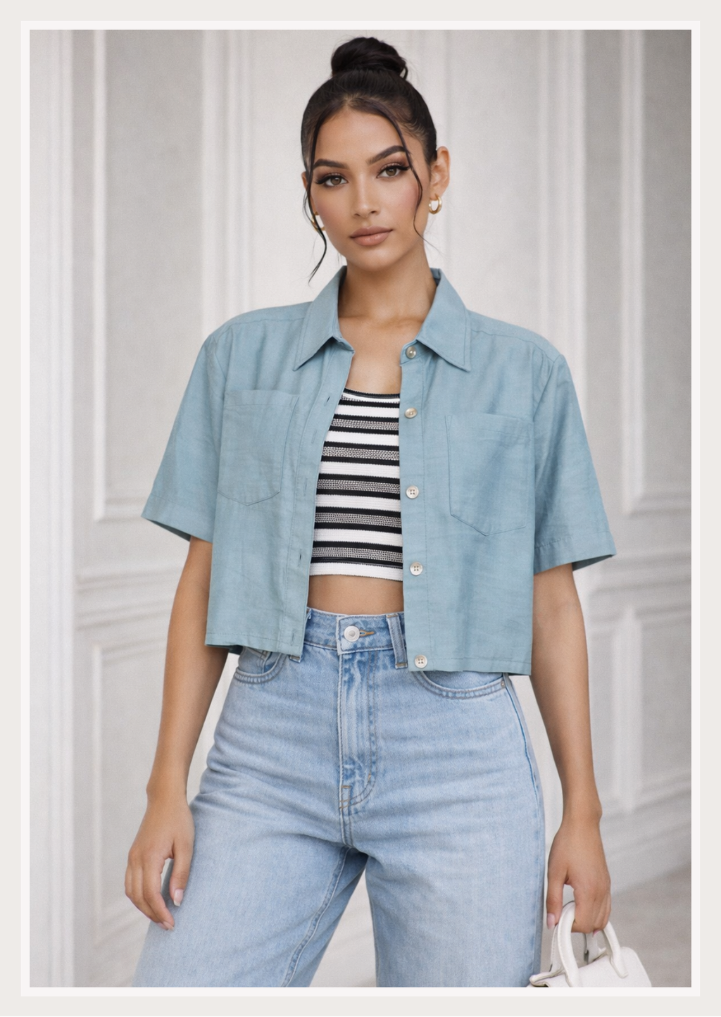 Solid Crop Shirt | Collar Neck Short Sleeve Button-Down Linen Top with Chest Pockets | Zero+1