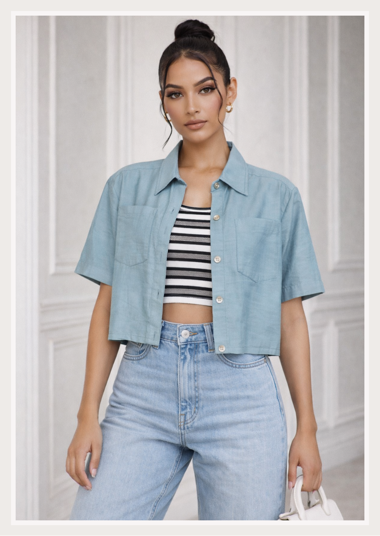 Solid Crop Shirt | Collar Neck Short Sleeve Button-Down Linen Top with Chest Pockets | Zero+1