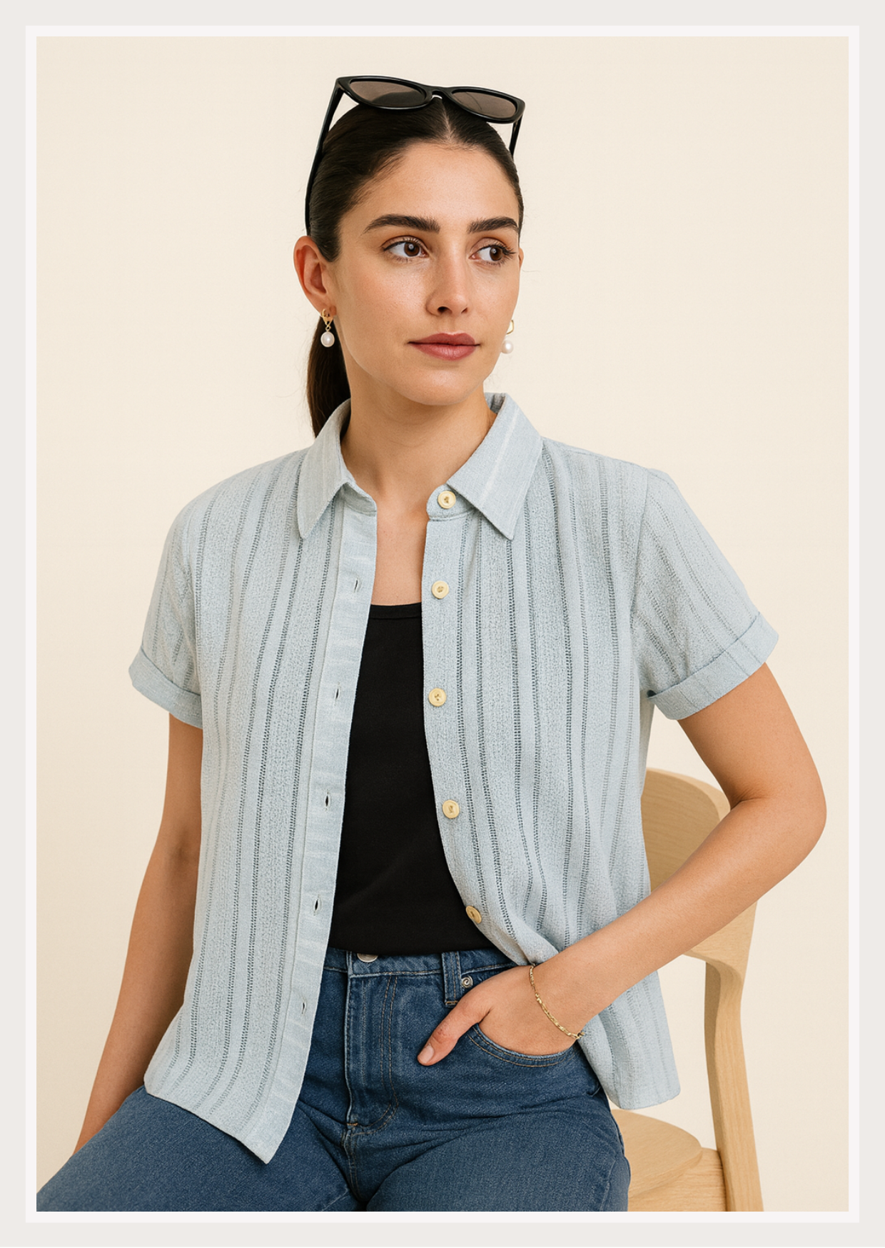 Textured Stripe Button-Down Shirt | Short Sleeve Collar Neck Women's Top | Smart Casual Everyday Wear | Zero+1