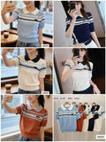 Women's contrast collar striped knitted polo top with puff sleeves shown in light blue, rust orange, cream ivory, navy blue and white