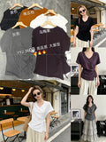 Women's V-neck side drawstring ruched top in 5 colours — black, pumpkin orange, white, grey and dark purple — on hangers and modelled in lifestyle shots