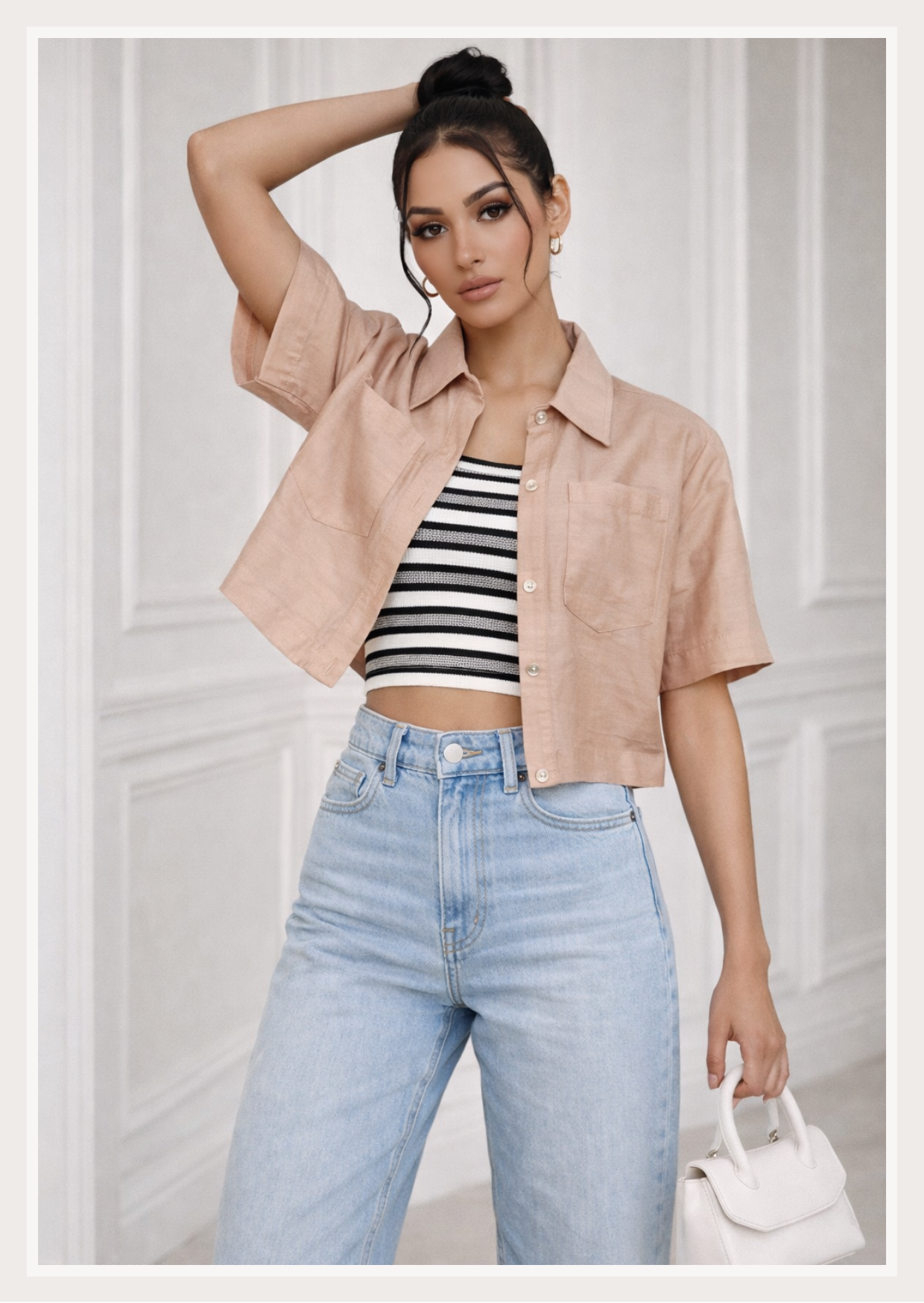 Solid Crop Shirt | Collar Neck Short Sleeve Button-Down Linen Top with Chest Pockets | Zero+1