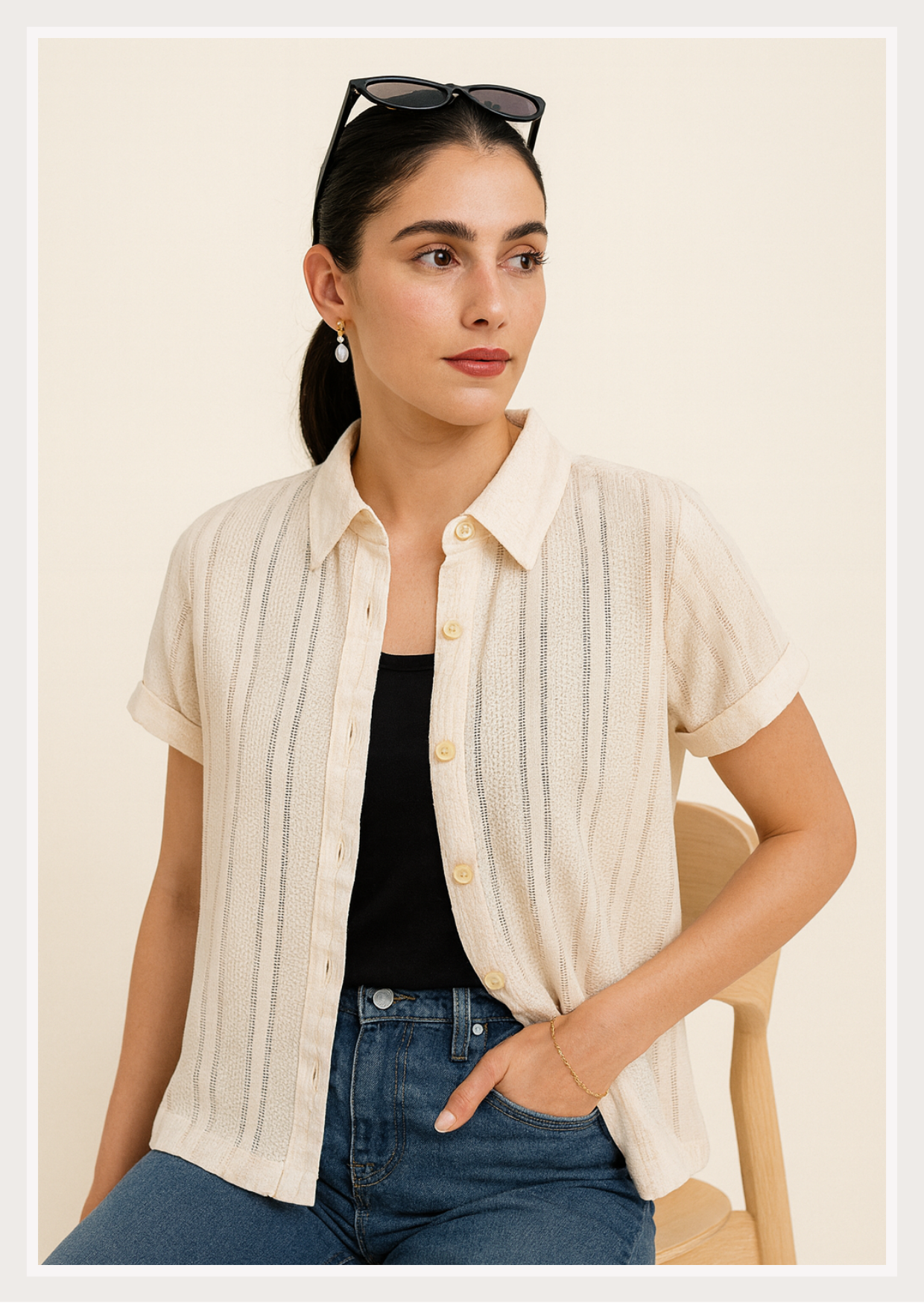 Textured Stripe Button-Down Shirt | Short Sleeve Collar Neck Women's Top | Smart Casual Everyday Wear | Zero+1