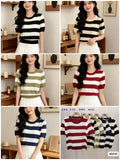 Women's short sleeve striped ice silk knit top in red, black, olive green and navy blue with white stripes