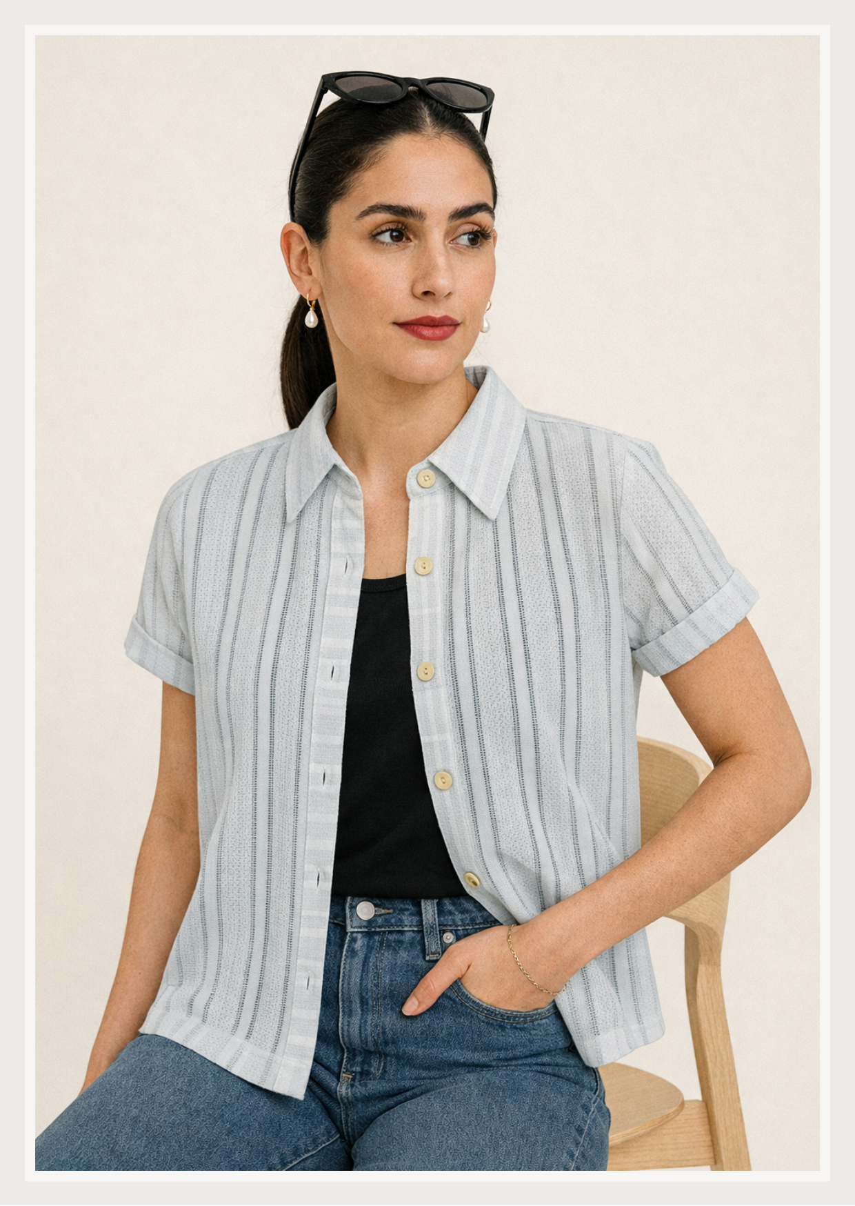 Textured Stripe Button-Down Shirt | Short Sleeve Collar Neck Women's Top | Smart Casual Everyday Wear | Zero+1