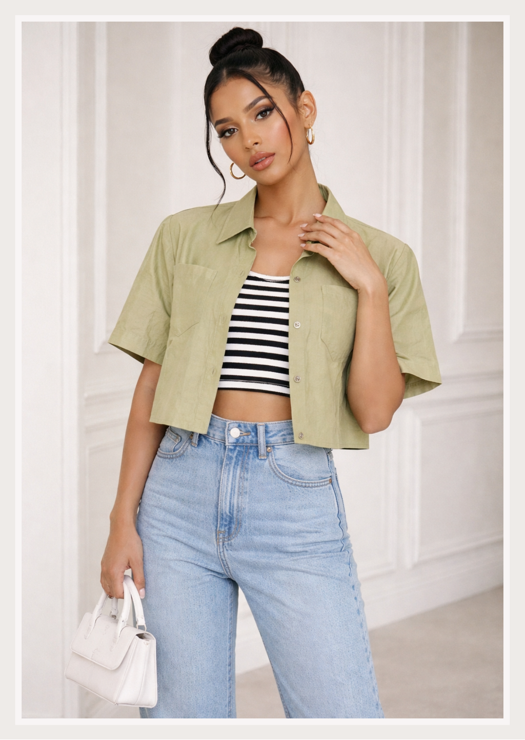 Solid Crop Shirt | Collar Neck Short Sleeve Button-Down Linen Top with Chest Pockets | Zero+1