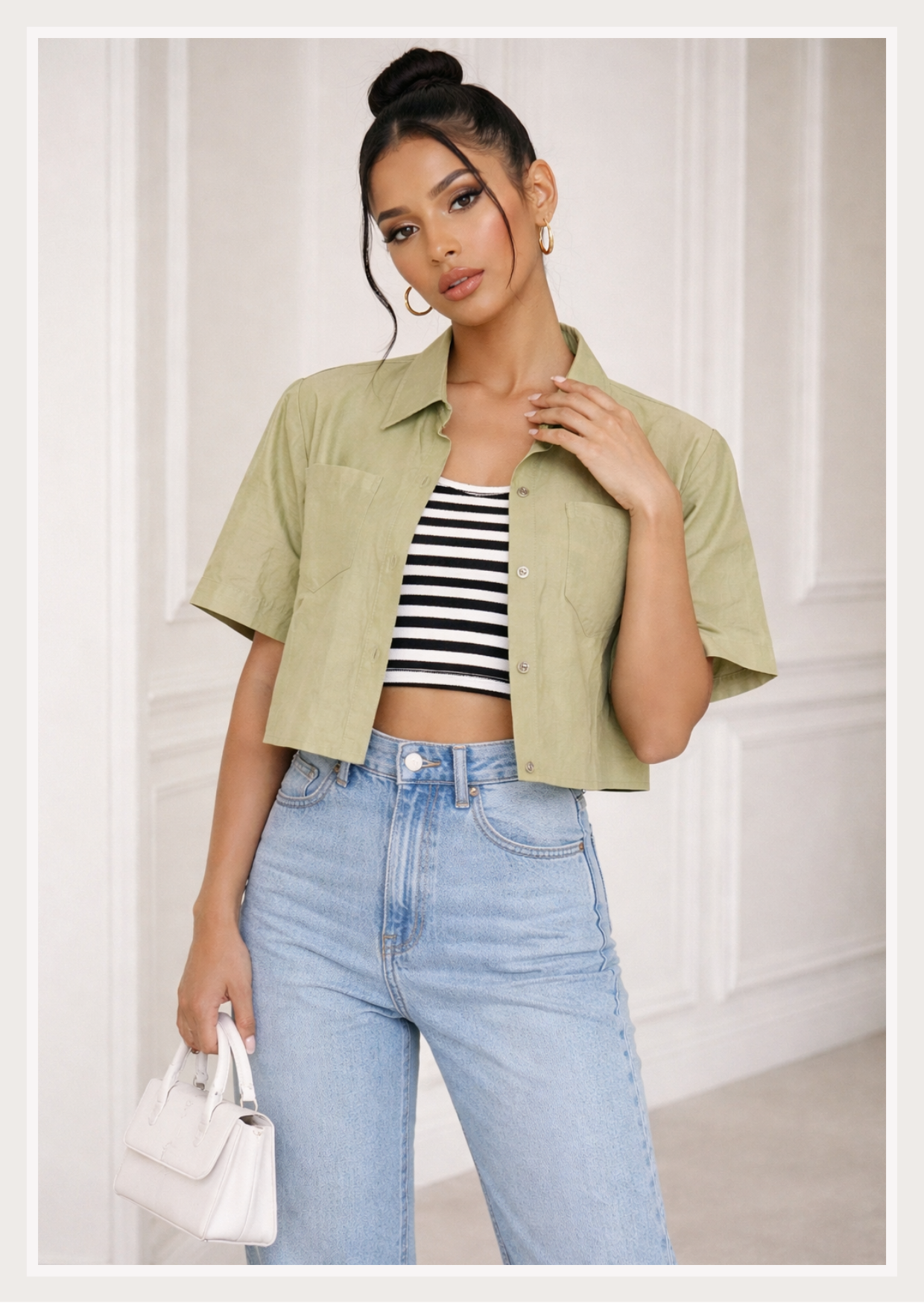 Solid Crop Shirt | Collar Neck Short Sleeve Button-Down Linen Top with Chest Pockets | Zero+1