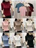 Women's ribbed mock neck half sleeve knitted top shown in maroon, teal blue, pink, beige, camel brown, off white, light blue and black
