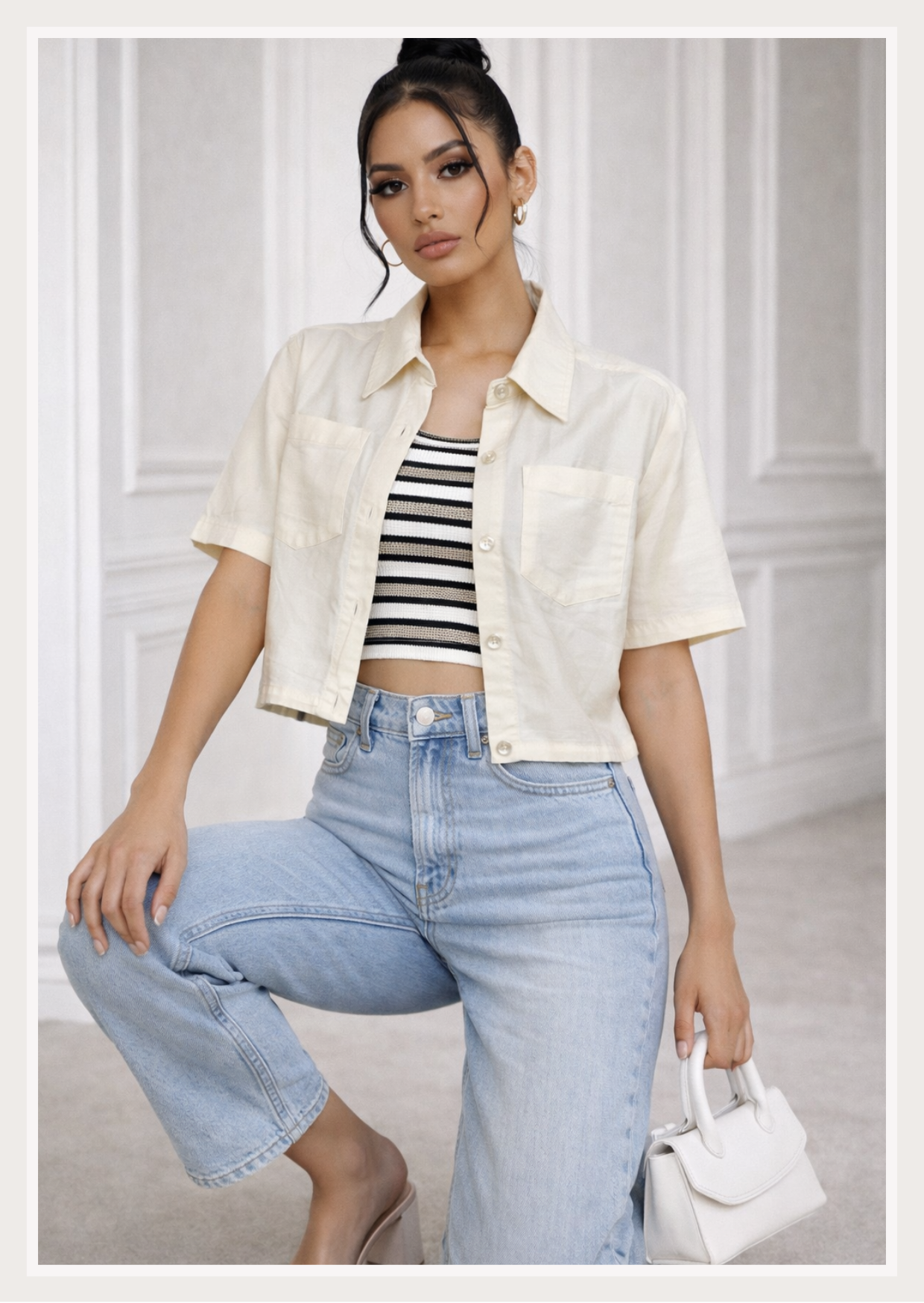 Solid Crop Shirt | Collar Neck Short Sleeve Button-Down Linen Top with Chest Pockets | Zero+1