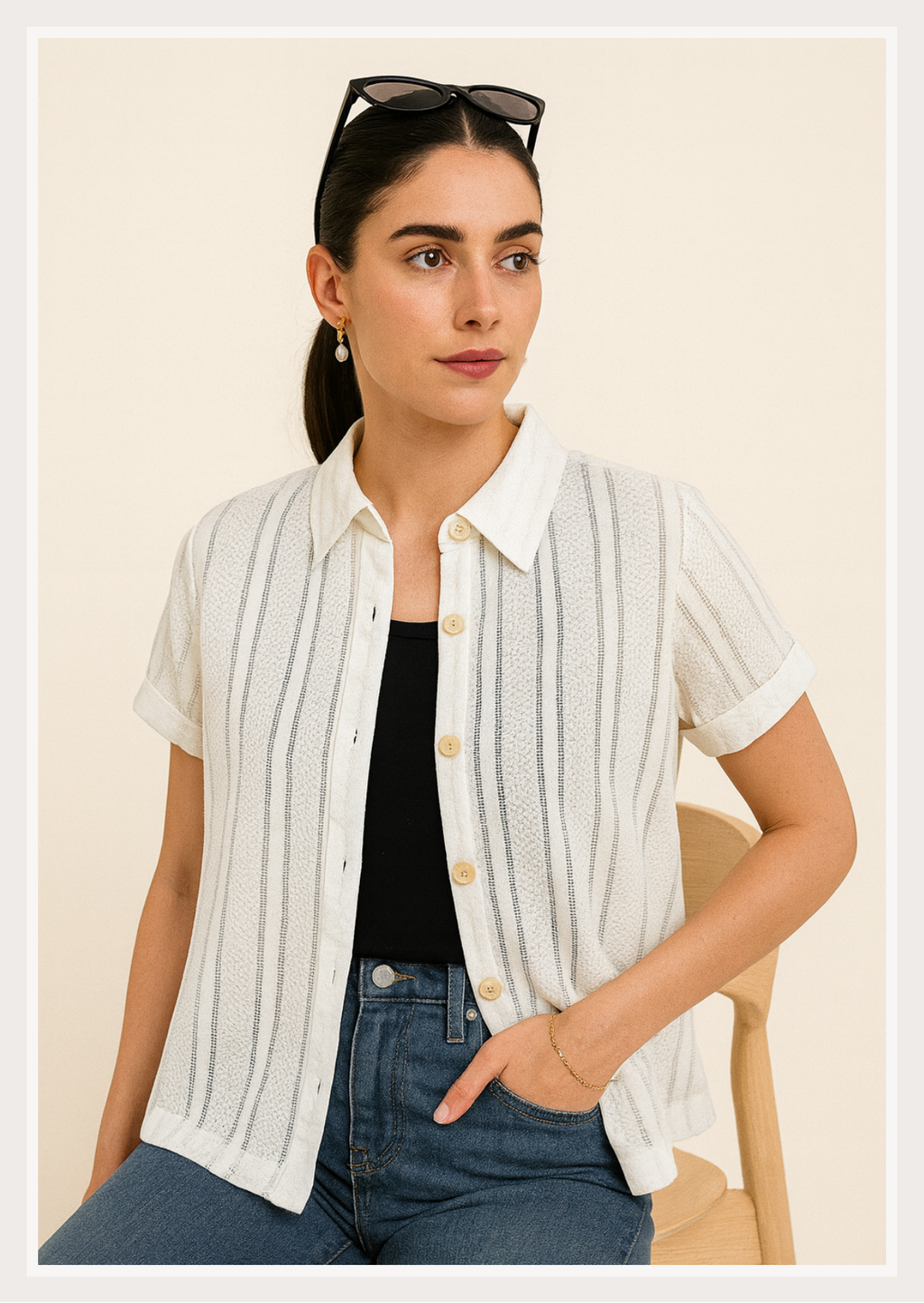 Textured Stripe Button-Down Shirt | Short Sleeve Collar Neck Women's Top | Smart Casual Everyday Wear | Zero+1