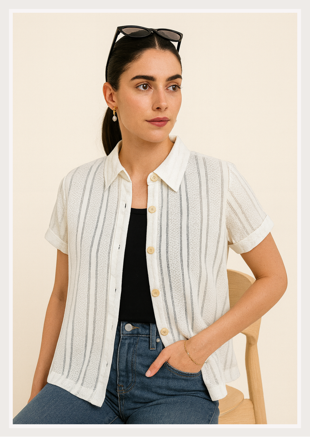 Textured Stripe Button-Down Shirt | Short Sleeve Collar Neck Women's Top | Smart Casual Everyday Wear | Zero+1
