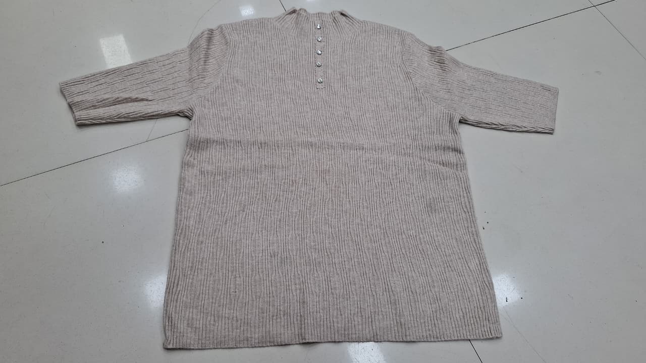 Oatmeal Ribbed Stripe Henley Knit Top | Half Sleeve Button Neck Casual Tee for Women