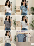 Women's ice silk pinstripe knit t-shirt with embroidered chest motif in blue, grey, white-navy, white-pink and white-black