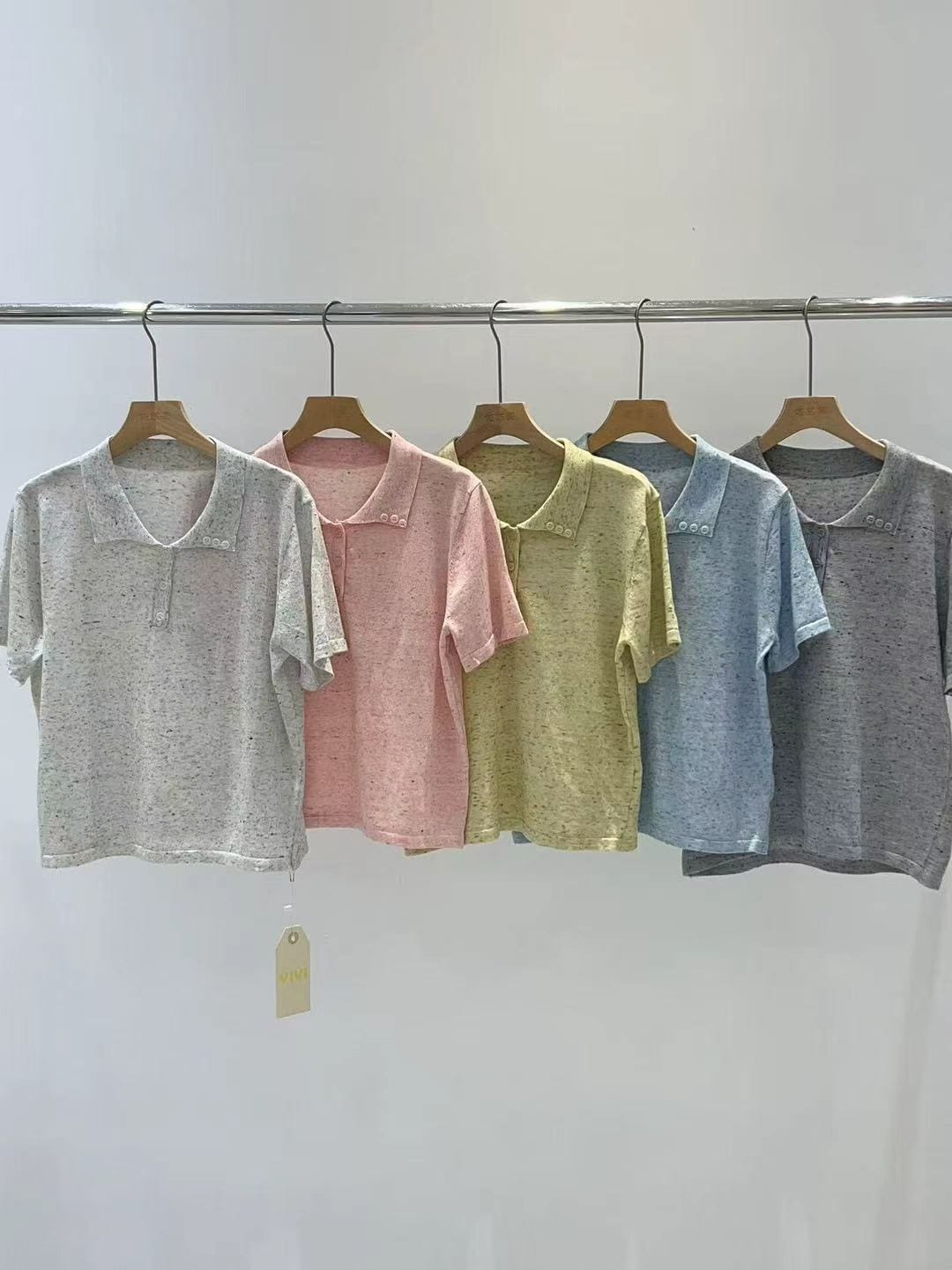 Pastel Speckle Polo Collar Short Sleeve Top | Soft Knit Casual Ethnic Fusion Tee