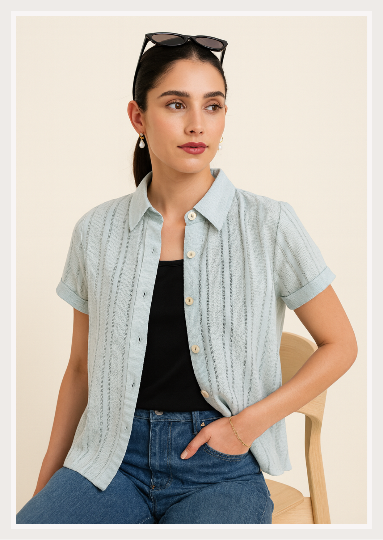 Textured Stripe Button-Down Shirt | Short Sleeve Collar Neck Women's Top | Smart Casual Everyday Wear | Zero+1