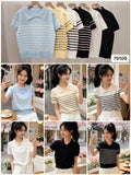 Women's striped polo collar half sleeve knitted top shown in light blue, butter yellow, cream, black with white stripes, solid white and solid black
