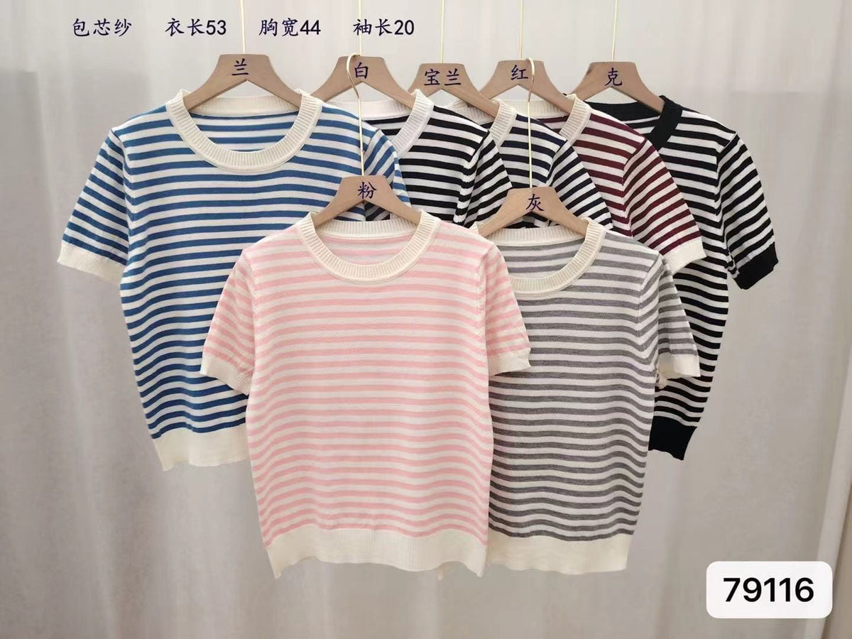 Women's Breton striped round neck half sleeve knitted tops shown in blue, white with black, royal blue, red, black, pink and grey stripes