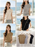 Women's cap sleeve ribbed knitted top shown in camel khaki, grey, cream and black