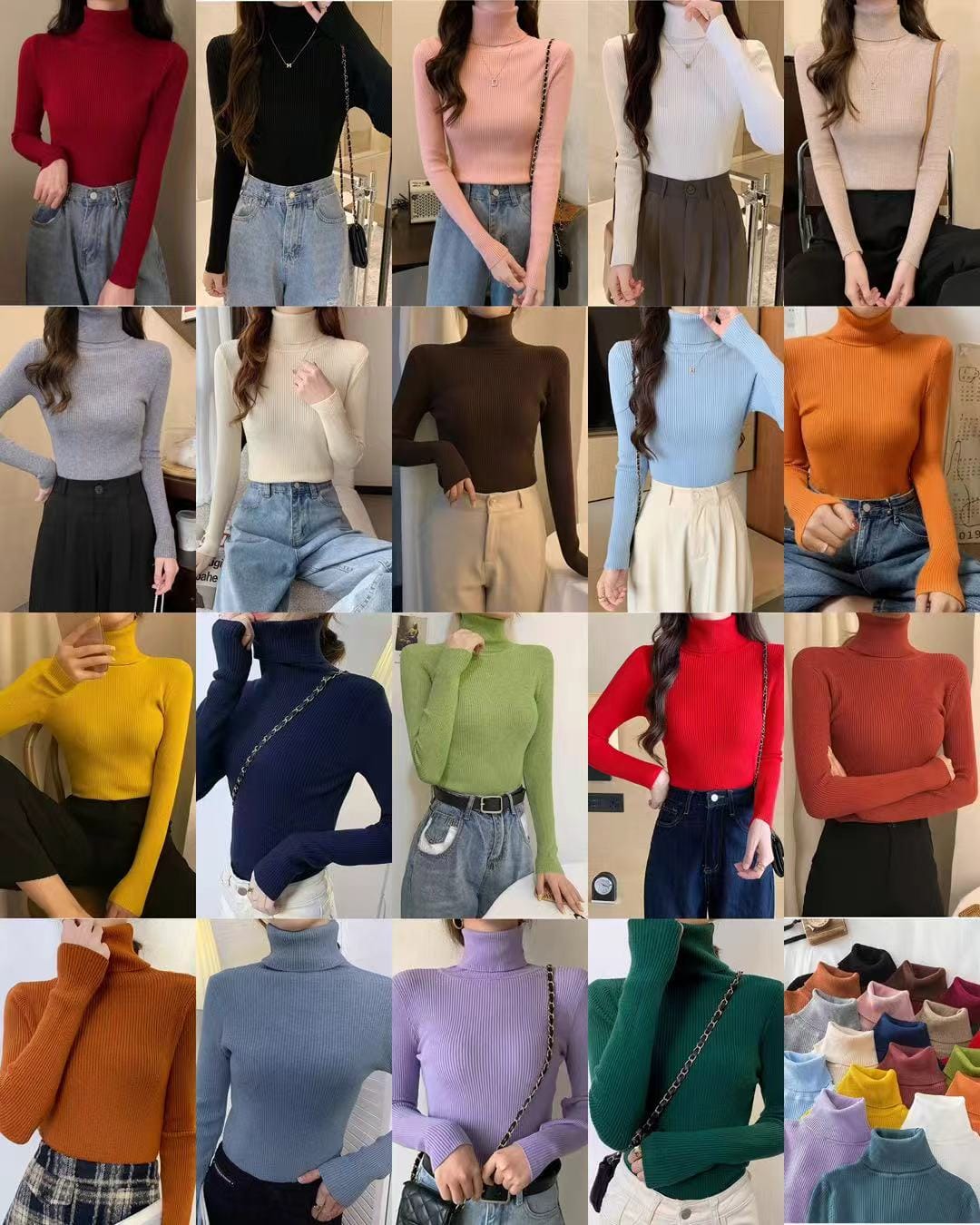 Women's fitted ribbed turtleneck long sleeve tops in assorted neutral, pastel and bright colours