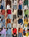 Women's fitted ribbed mock-neck long sleeve tops in assorted neutral, pastel and bright colours