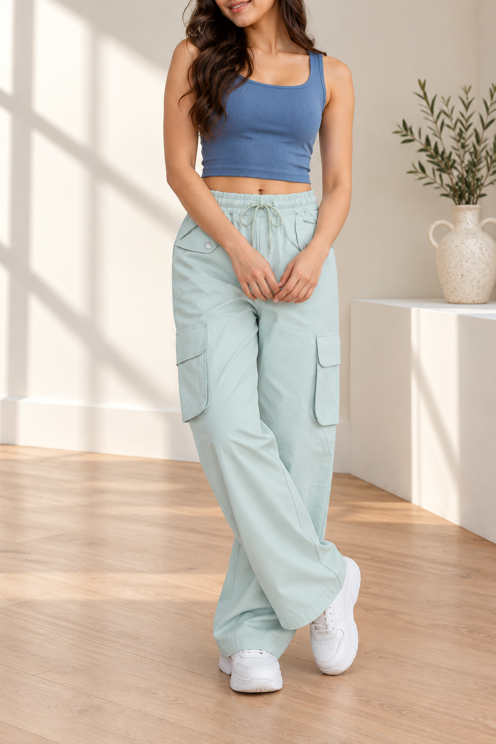 Wide-Leg Cargo Pants with Elastic Drawstring Waist | Miss Kapachi