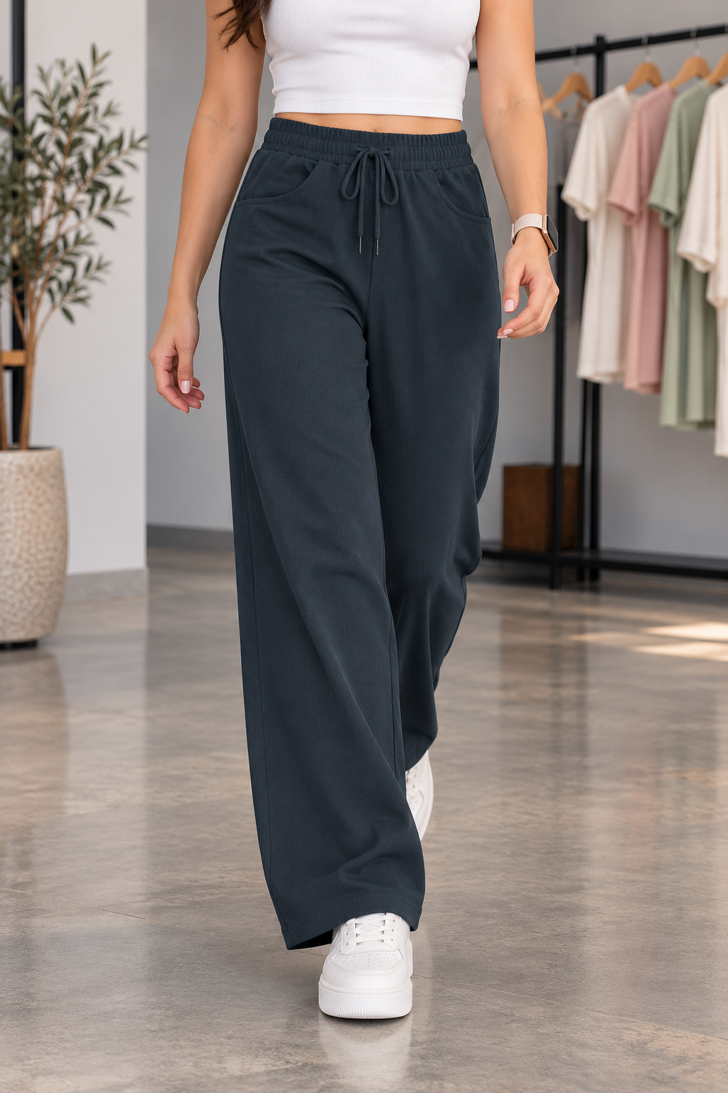 Textured Wide-Leg Pants with Drawstring Waist | Miss Kapachi
