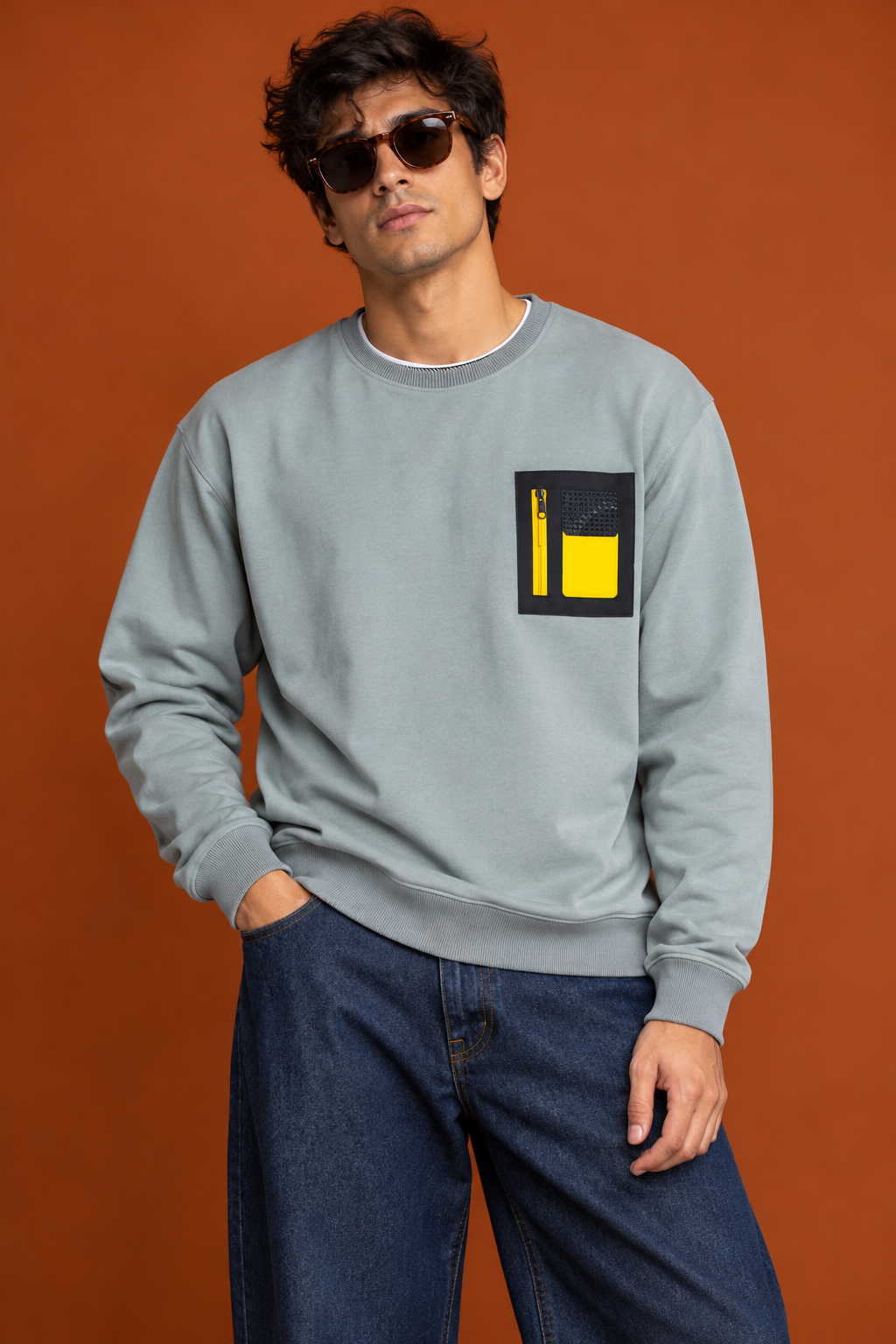 Crew Neck Sweatshirt with Contrast Chest Patch | Lemon8 Men's
