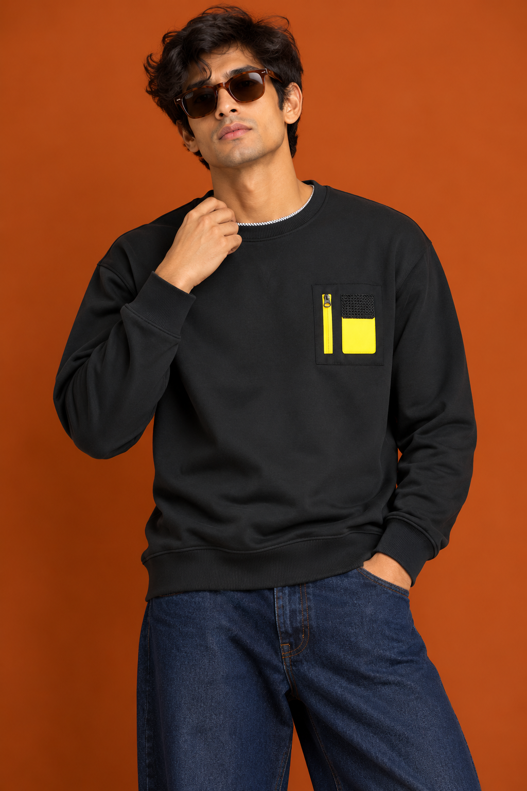 Crew Neck Sweatshirt with Contrast Chest Patch | Lemon8 Men's