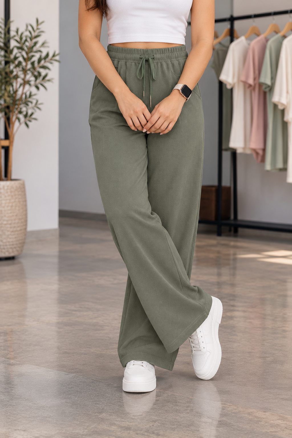 Textured Wide-Leg Pants with Drawstring Waist | Miss Kapachi
