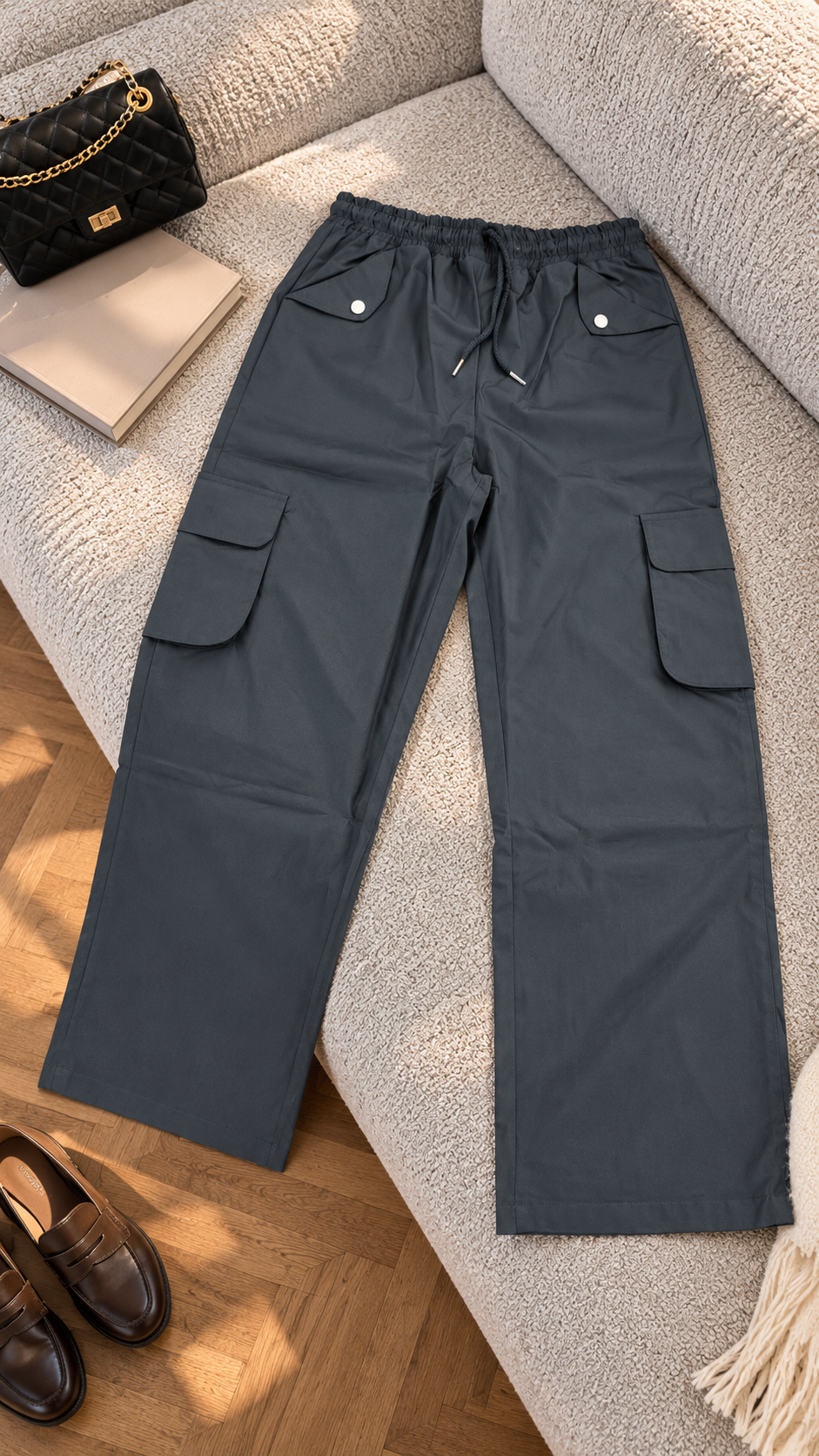 Wide-Leg Cargo Pants with Elastic Drawstring Waist | Miss Kapachi