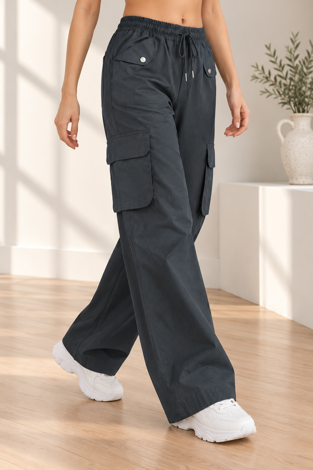 Wide-Leg Cargo Pants with Elastic Drawstring Waist | Miss Kapachi
