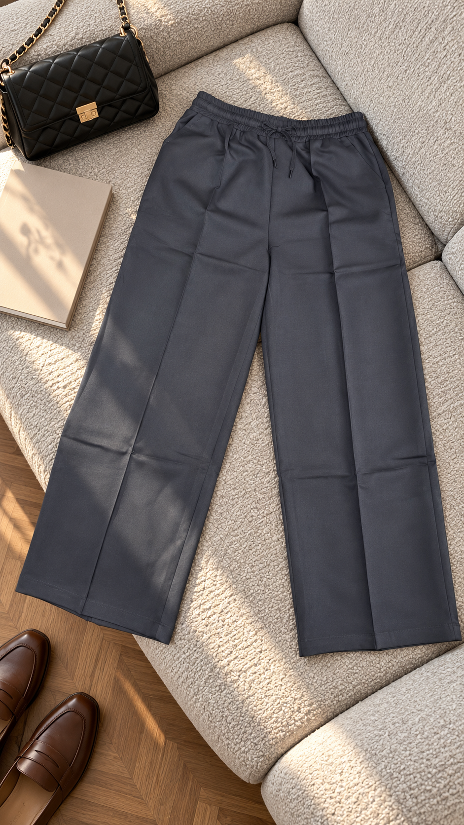 Front-Crease Wide-Leg Trousers with Drawstring Waist | Miss Kapachi