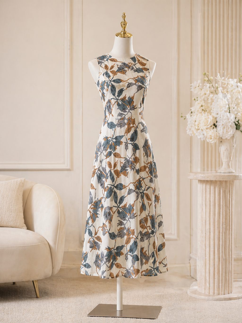 Rayon Foil Leaf Print Sleeveless A-Line Dress for Women | Mix Size | Miss Kapachi