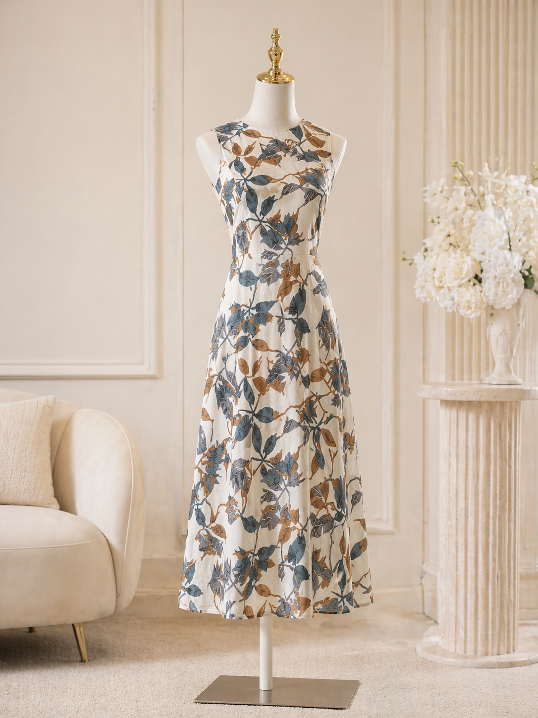 Rayon Foil Leaf Print Sleeveless A-Line Dress for Women | Mix Size | Miss Kapachi