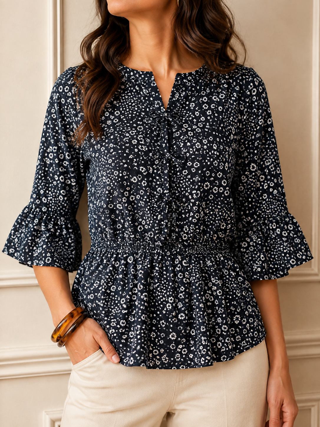 Ditsy Floral Print Smocked Peplum Top | Ruffle Bell Sleeves | Miss Kapachi