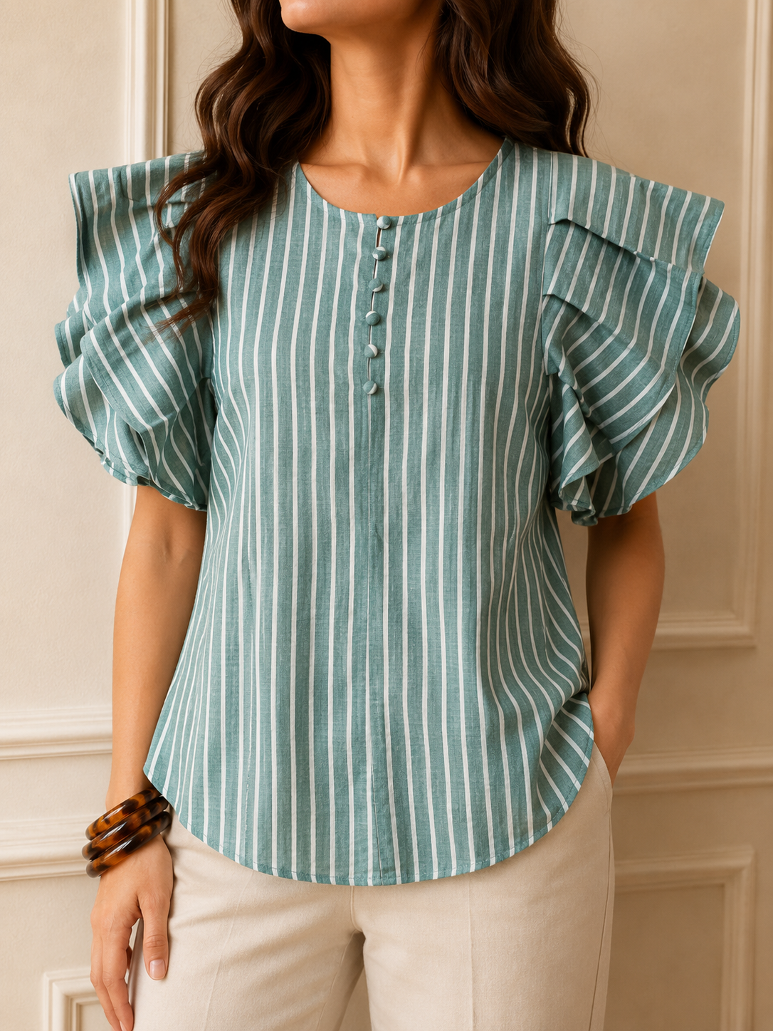 Layered Pleated Sleeve Round Neck Women's Top | Zero+1