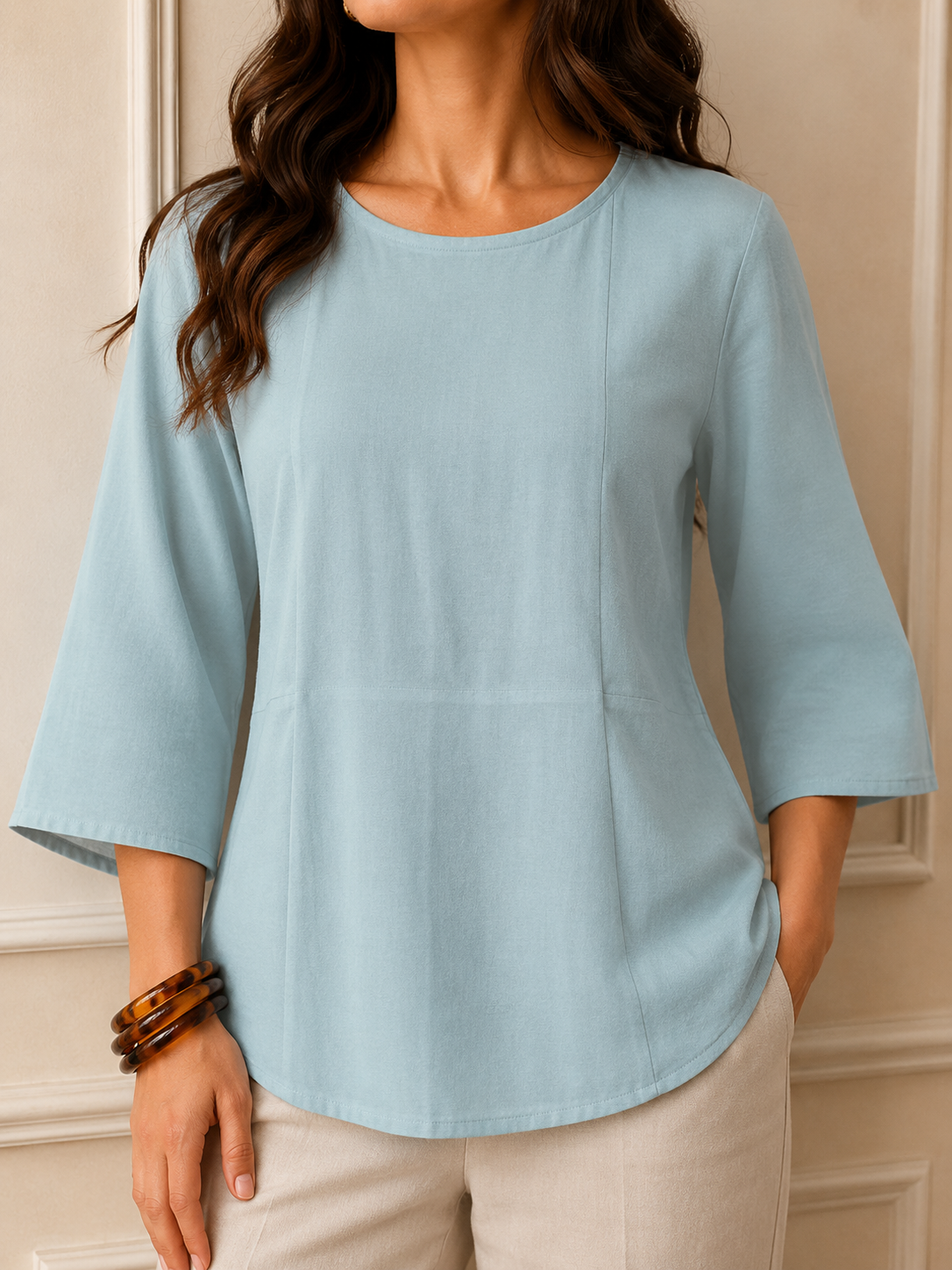 Bell Sleeve Top – 3/4 Sleeve Round Neck Women's Top | Zero+1
