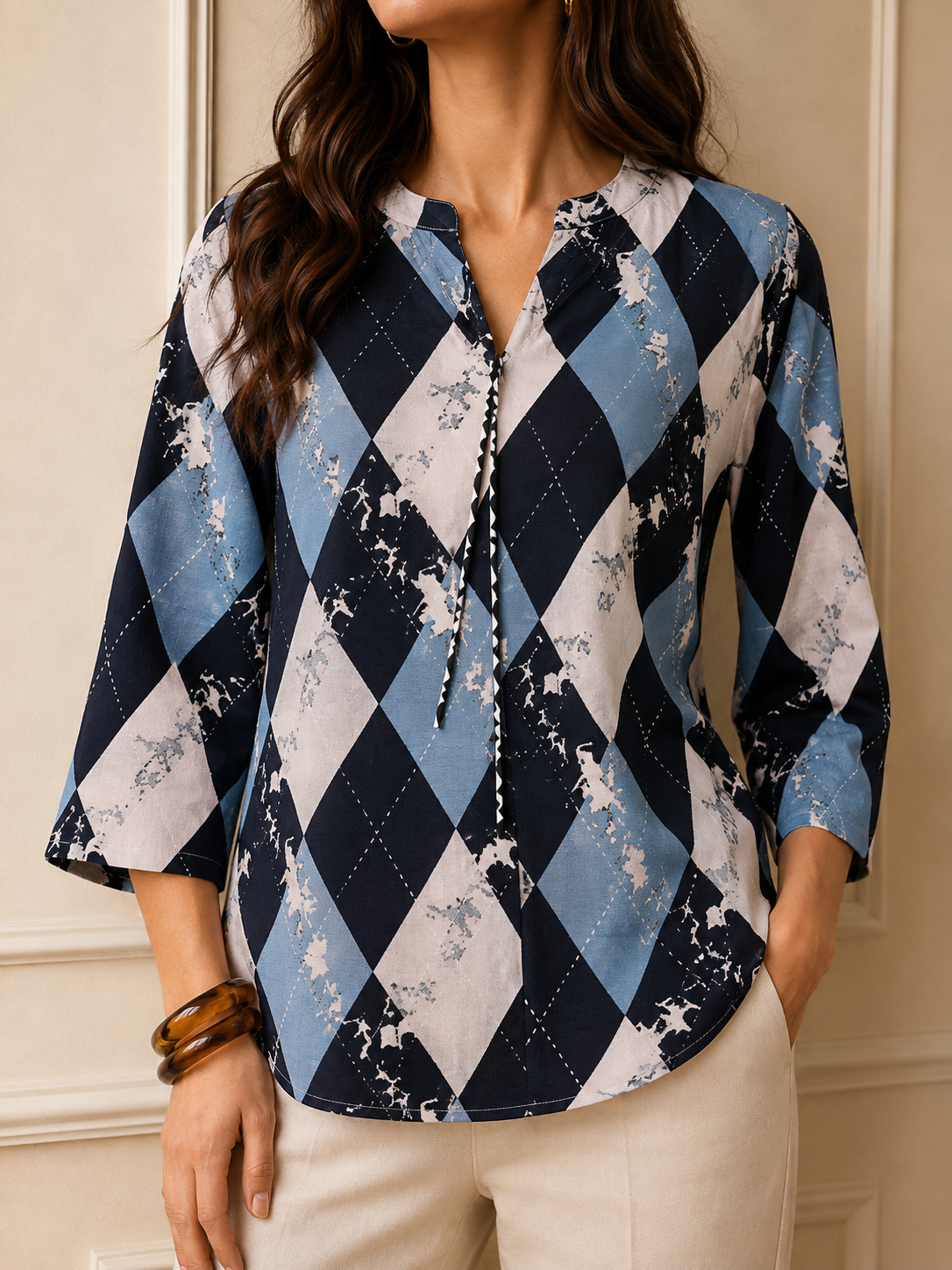 Argyle Diamond Print Top – 3/4 Sleeve V-Neck Women's Printed Top | Zero+1