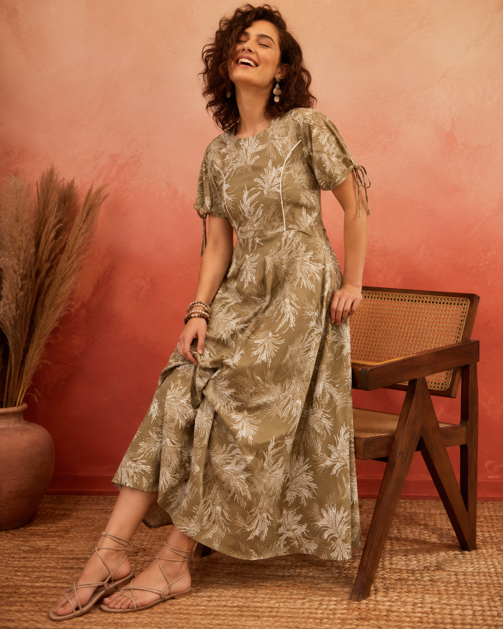 Tropical Leaf Print Fit & Flare Midi Dress | Tie-Up Sleeves | Round Neck | Miss Kapachi