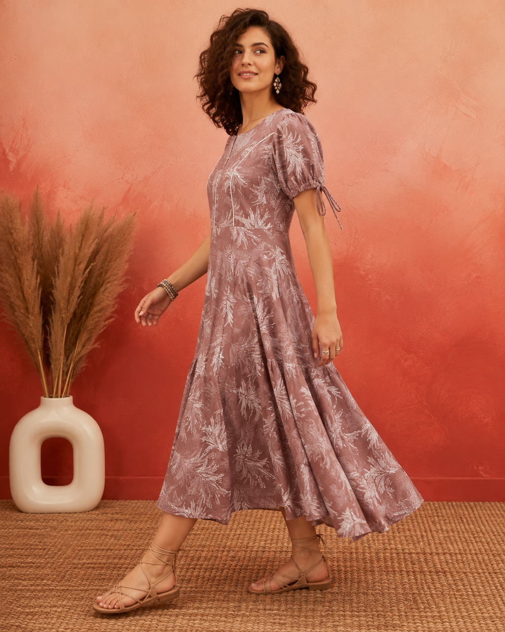 Tropical Leaf Print Fit & Flare Midi Dress | Tie-Up Sleeves | Round Neck | Miss Kapachi