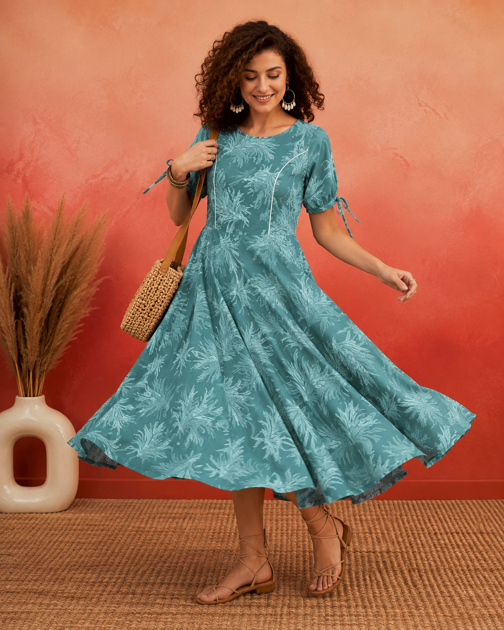 Tropical Leaf Print Fit & Flare Midi Dress | Tie-Up Sleeves | Round Neck | Miss Kapachi
